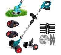 DéBroussailleuse à Batterie Electrique 21V, 7800 TR/Min, Coupe Bordure sans Fil avec 2 Batteries & 3 Types De 15cm Lames & Faible Bruit La Longueur Peut être ajustée pour Jardin, Pelouse, Ferm