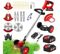 DéBroussailleuse à Electrique sans Fil 21V 2.0Ah Coupe Bordure sans Fil avec 2 Batterie et Chargeur Rapide Taille Bordure avec Roues Trois Types De Lames,légères et à Faible Bruit,pour Jardin Élagage