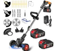 DéBroussailleuse à Electrique sans Fil 21V 2.0Ah Coupe Bordure sans Fil avec 2 Batterie et Chargeur Rapide Taille Bordure avec Roues Trois Types De Lames,légères et à Faible Bruit,pour Jardin Élagage