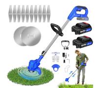 Débroussailleuse électrique 21 V avec batterie et 2 batteries de 1,5 Ah, manche télescopique, avec 2 types de lames, mini tondeuse à gazon, tête rotative à 90° pour jardin, cour