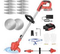 Debroussailleuse Electrique sans Fil，1500mAh Coupe Bordure avec 1 Batterie et Lames et Chargeur, avec 21 Accessoires，Coupe-Herbe Télescopique Réglable pour Jardin, Pelouse, Buissons, Rouge