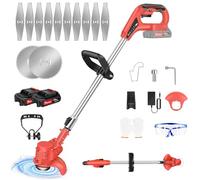 Debroussailleuse Electrique sans Fil，1500mAh Coupe Bordure avec 2 Batterie et Lames et Chargeur, avec 21 Accessoires，Coupe-Herbe Télescopique Réglable pour Jardin, Pelouse, Buissons, Rouge