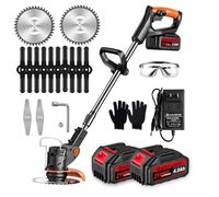 Débroussailleuse électrique sans fil 21 V avec 2 batteries de 4,0 Ah et lames métalliques, tête rotative à 90° et diamètre de coupe de 15,2 cm, débroussailleuse de jardin pour nettoyer les mauvaises