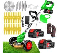 Débroussailleuse Electrique sans Fil 21V 4000Ah Coupe Bordure avec 2 Batterie et Chargeur Taille Bordure avec Roues & 3 Types De Lames,Légère à Faible Bruit pour La Coupe De Jardin, Pelouses Arbustes