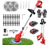 Debroussailleuse Electrique sans Fil 21V avec 2 Batteries 2000mAh, Coupe Bordure sans Fil avec Batterie Léger et Pliable 4 Types de Lames, Rotofil Batterie pour Pelouse et Jardin (Rouge)