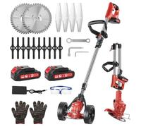 Débroussailleuse Électrique sans Fil 21V avec Roues | Coupe-Bordures Léger Pliable, 3 Types de Lames, 2 Batteries de 2.0Ah, Charge Rapide - pour Jardin et Pelouse