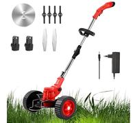 Debroussailleuse Electrique sans Fil, 21V Coupe Bordure, avec 1 Batterie et Chargeur Taille Bordure, avec 3 Types de Lames pour la Coupe de Jardin Pelouses et Terres Agricoles (avec Roues-Deux Piles)