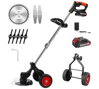 Debroussailleuse Electrique sans Fil, 21V Coupe Bordure avec 2 Batterie et Chargeur Rapide Taille Bordure avec Roues Trois Types De Lames,Pliage Rétractable,pour Jardin, Pelouse, Ferme (2 Batteries)