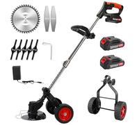 Debroussailleuse Electrique sans Fil, 21V Coupe Bordure avec 2 Batterie et Chargeur Rapide Taille Bordure avec Roues Trois Types De Lames,Pliage Rétractable,pour Jardin, Pelouse, Ferme (1 Batterie)