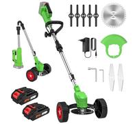 Debroussailleuse Electrique sans Fil 21V, Coupe Bordure sans Fil avec 2 Batterie et 3 Types De Lames, roulettes Amovibles, Réglable en Hauteur, Pliable Débroussailleuse à Batterie pour Jardin Élagage