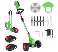 Debroussailleuse Electrique sans Fil 21V, Coupe Bordure sans Fil avec 2 Batterie et 3 Types De Lames, roulettes Amovibles, Réglable en Hauteur, Pliable Débroussailleuse à Batterie pour Jardin Élagage