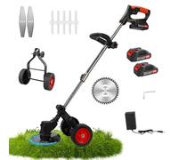 Debroussailleuse Electrique sans Fil, 21V Coupe Bordure sans Fil avec 2 Batteries 2.0Ah et Chargeur Rapide & 3 Types Lames, Debrouissalleuses a Batterie avec Roues pour Tondre Les Pelouses