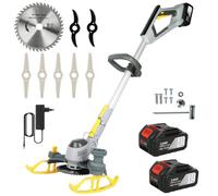 Debroussailleuse Electrique sans Fil, 21V Coupe Bordure sans Fil avec Batterie de 6,0Ah, Debrouissalleuses Batterie 3 en 1, avec Assistance Roues & 3 Types De Lames, pour Pelouse (avec 2 Batterie)
