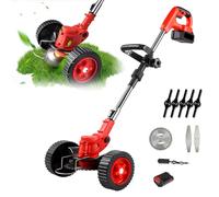 Debroussailleuse Electrique sans Fil 21V,Coupe Bordures sans Fil avec Batterie et 8 Lames,Roulette auxiliaire,Tête Pivotante 90°,Réglable en Hauteur,Faible Bruit,Jardin Élagage (3000mAh Batterie*1)