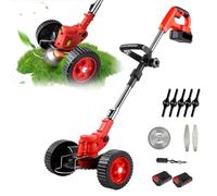 Debroussailleuse Electrique sans Fil 21V,Coupe Bordures sans Fil avec Batterie et 8 Lames,Roulette auxiliaire,Tête Pivotante 90°,Réglable en Hauteur,Faible Bruit,Jardin Élagage (3000mAh Batterie*2)