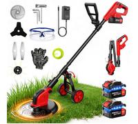 Débroussailleuse Électrique sans Fil 850W avec 2 Batteries 3.0Ah 4 Types de Lames Roues Réglable Coupe Bordure avec Perche Pliable