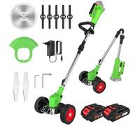 Débroussailleuse Électrique sans Fil avec roulettes, 21V 800W Coupe Bordure à Batterie Pliable avec 2 Batteries 2.0Ah, Tête Réglable à 90°, 3 Types de Lames & 5 Fils, pour Jardin Pelouse Désherbage