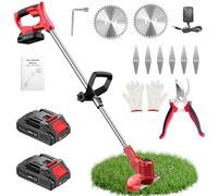 Debroussailleuse Electrique sans Fil, Bamse Coupe Bordure sans Fil avec 2 Batterie 21V 2000mAh et 2 Types de Metal Lames, Poignée réglable, Coupe Bordures pour la Coupe de Jardin et Pelouses,Rouge