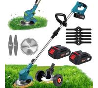 Debroussailleuse Electrique sans Fil, Coupe Bordure sans Fil avec 2 Batteries, Debroussailleuse Portative 21V avec 3 Type Lames, Faible Bruit, pour Coupe De Jardin Pelouses