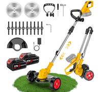 Débroussailleuse Électrique sans Fil Pliable 500W, Coupe Bordure Léger avec roulettes, 2 Batteries 21V 3.0Ah (Compatible Makita 18V), 12 Lames, Tête 90°, pour Entretien Jardin et Bordures