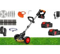 Mediawave Store - Débroussailleuse avec roues sans fil avec 2 batteries 21 V, coupe-bordures à batterie avec tige télescopique pliable, tondeuse avec roues amovibles et lame en métal