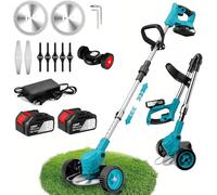 Débroussailleuse sans fil 21 V avec batterie 3,0 Ah et chargeur, batterie de débroussailleuse, pliable et télescopique de 100 à 135 cm, avec 10 accessoires, pour jardin, pelouse (bleu avec 2 batteries