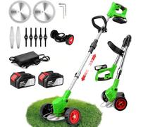 Débroussailleuse sans fil, 21 V, avec batterie 3,0 Ah et chargeur, batterie pliable, fonction télescopique de 100 à 135 cm, avec 10 accessoires, pour jardin, pelouse (vert avec 2 batteries)