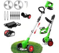 Débroussailleuse sans fil, 21 V, avec batterie 3,0 Ah et chargeur, batterie pliable, fonction télescopique de 100 à 135 cm, avec 10 accessoires, pour jardin, pelouse (vert avec 1 batterie)
