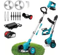 Débroussailleuse sans fil, 21 V, avec batterie 3,0 Ah et chargeur, batterie pliable, fonction télescopique de 100 à 135 cm, avec 10 accessoires, pour jardin, pelouse (bleu avec 1 batterie)