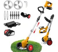 Débroussailleuse sans fil, 21 V, avec batterie de 3,0 Ah et chargeur, pliable, fonction télescopique de 100 à 135 cm, avec 10 accessoires, pour jardin, pelouse (jaune avec 1 batterie)