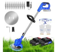 Débroussailleuse sans fil 260 W, 2 batteries, manche télescopique 91,5-127,5 cm, poignée ergonomique, coupe-gazon électrique pour la coupe de pelouse, jardin - Bleu