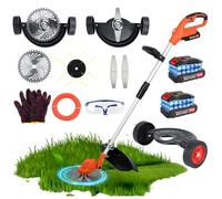 Débroussailleuse sans fil 650 W, débroussailleuse sans fil 3 en 1, 2 batteries de 2 000 mAh, débroussailleuse électrique légère avec roues, coupe-herbe pour cour, jardin, bord latéral (orange)
