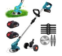 Débroussailleuse sans Fil 800W, 21V,7800tr/min,Tige Télescopique Réglable (90-120 cm),avec 5 Lames en Plastique,Lames Rondes en Métal,pour Jardin,Cour,Pelouse (2 Batteries)