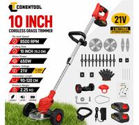 Débroussailleuse sans fil Conentool 21V, coupe-herbe électrique 650W avec 5 lames de coupe, interface batterie Makita, perche télescopique, roue de support pour la coupe des bords de pelouse et de Two