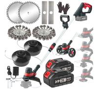 Débroussailleuse sans fil sans fil pour débroussailleuse de jardin sans fil, batterie 24 V avec roues, 2 brosses métalliques, 2 bobines, 4 lames métalliques, tondeuse à gazon 4 en 1, 2 batteries de