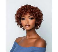 DÉBUT Perruque courte bouclée 100% cheveux humains pour femmes afro brésiliennes marron roux clair avec frange Pixie Cut Remy (20 cm, 4)