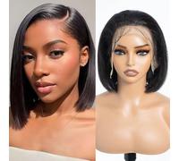 DÉBUT Perruque de cheveux humains raides pré-épilés avec dentelle frontale de 33 x 10 cm, densité de 180 %, sans colle, pour femme (25,4 cm, noir naturel)