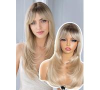 DÉBUT Perruque longue et lisse de 50 cm avec mèches blondes avec frange, résistante à la chaleur, aspect naturel pour un usage quotidien