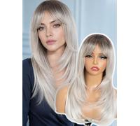 DÉBUT Perruque longue et lisse de 50 cm, blond cendré avec frange, résistante à la chaleur, aspect naturel pour un usage quotidien
