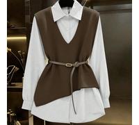 Débuts automne 2025 : Ensemble veste-chemise 2 en 1 pour dames, avec une coupe asymétrique artistique, des accents de boutons raffinés et une ceinture de taille réglable, une silhouette élancée qui me