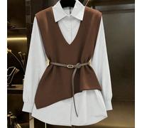 Débuts automne 2025 : Ensemble veste-chemise 2 en 1 pour dames, avec une coupe asymétrique artistique, des accents de boutons raffinés et une ceinture de taille réglable, une silhouette élancée qui me