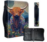 Decahouy Étui de protection pour bibles de 24,1 x 17 cm - Cuir PU imperméable avec fermeture éclair, poignée et porte-stylo - Cadeau chrétien pour homme et femme - Belles fleurs de vache des Highlands