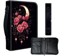 Decahouy Étui de protection pour bibles de 24,1 x 17 cm - Cuir PU imperméable avec fermeture éclair, poignée et porte-stylo - Cadeau chrétien pour homme et femme, roses roses et croissant de lune