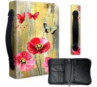 Decahouy Étui de protection pour bibles de 24,1 x 17 cm - Cuir PU imperméable avec fermeture éclair, poignée et porte-stylo - Cadeau chrétien pour homme et femme, papillons et coquelicots