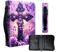 Decahouy Étui de protection pour bibles de 24,1 x 17 cm - Cuir PU imperméable avec fermeture éclair, poignée et porte-stylo - Cadeau chrétien pour homme et femme - Croix violette et papillon