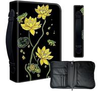 Decahouy Étui de protection pour bibles de 24,1 x 17 cm en similicuir PU imperméable avec fermeture éclair, poignée et porte-stylo - Cadeau chrétien pour homme et femme, nénuphars jaunes et grenouille