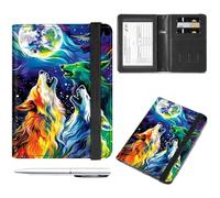 Decahouy Étui portefeuille pour passeport et carte de vaccin, portefeuille de voyage avec blocage RFID, fente pour carte de vaccin pour homme et femme, Night Sky Moon and Wolfs, with Pen