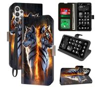Decahouy Étui portefeuille pour Samsung Galaxy A32 5G avec blocage RFID, 4 porte-cartes et béquille, dragonne - Étui de protection à rabat magnétique en cuir PU pour Galaxy A32, Fire Wolf et Tiger