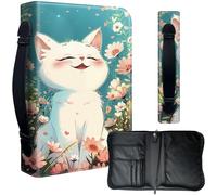 Decahouy Housse de bible pour bibles de 24,1 x 17 cm - Cuir PU imperméable avec fermeture éclair, poignée et porte-stylo - Cadeau chrétien pour homme et femme, joli chat blanc souriant