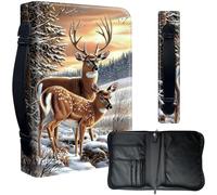 Decahouy Housse de bible pour bibles de 24,1 x 17 cm - Cuir PU imperméable avec fermeture éclair, poignée et porte-stylo - Cadeau chrétien pour homme et femme, deux cerfs dans la forêt d'hiver